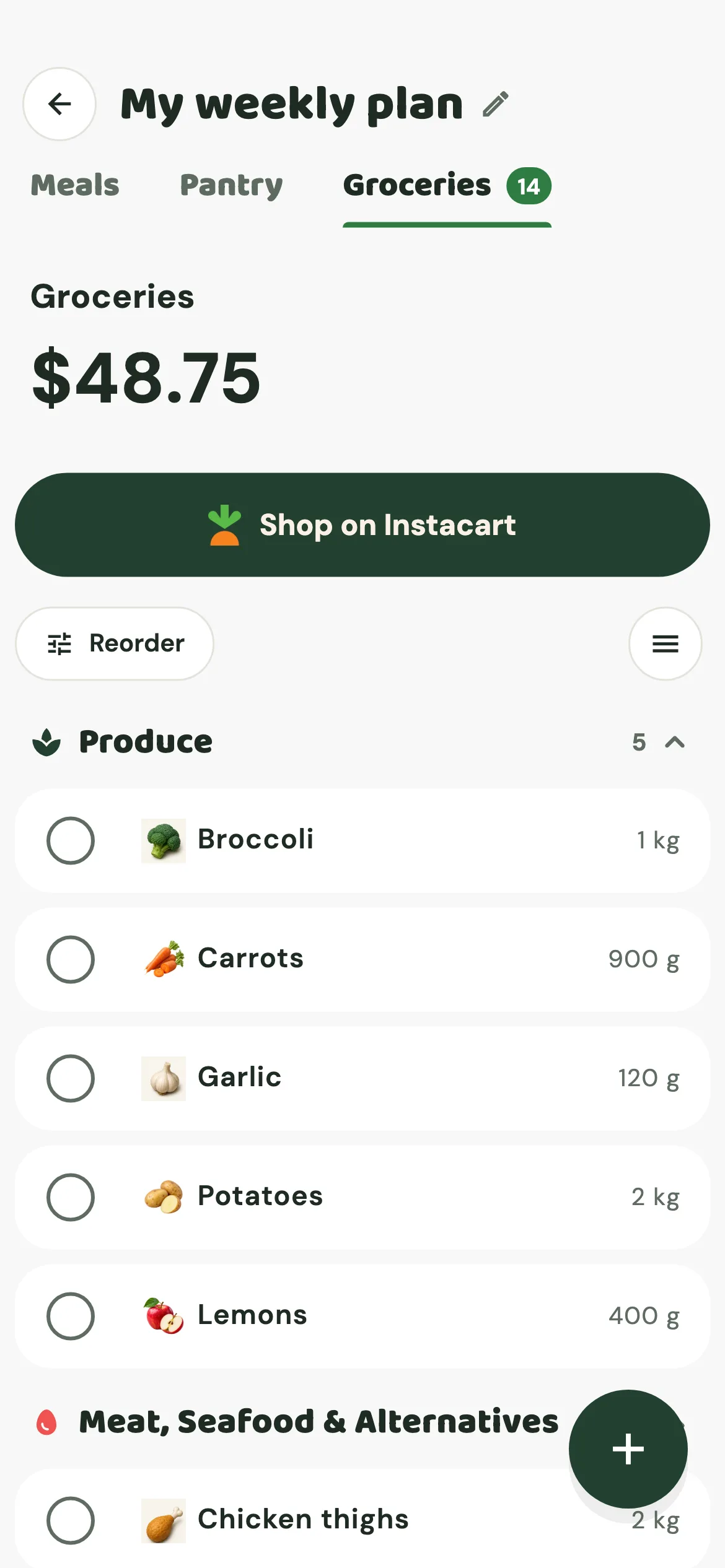Frugalicious grocery list totalling $48.75 with a Shop on Instacart button