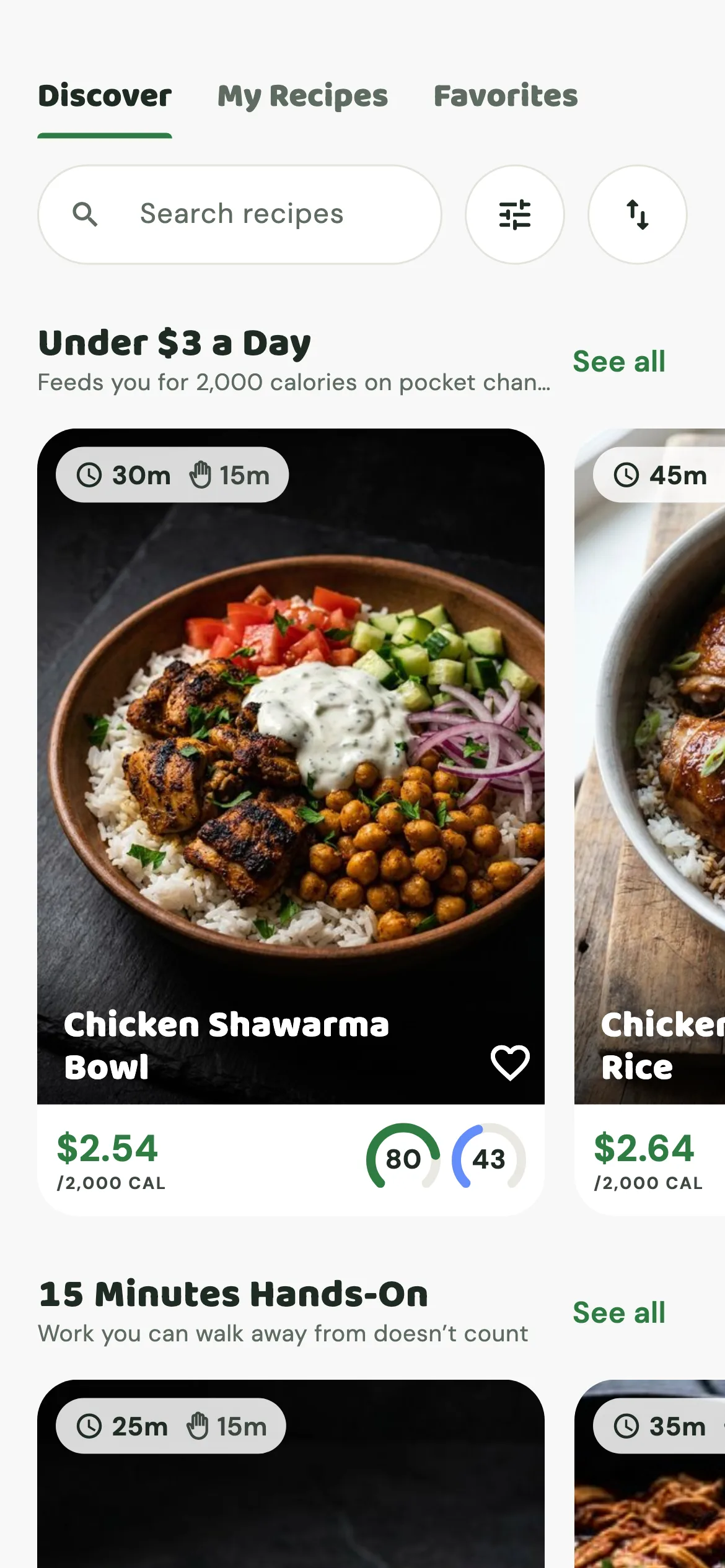 Frugalicious recipe discovery showing a chicken shawarma bowl at $2.54 per 2,000 calories