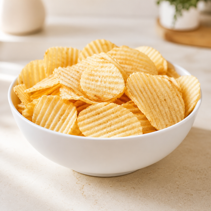 A bowl of ridged potato chips