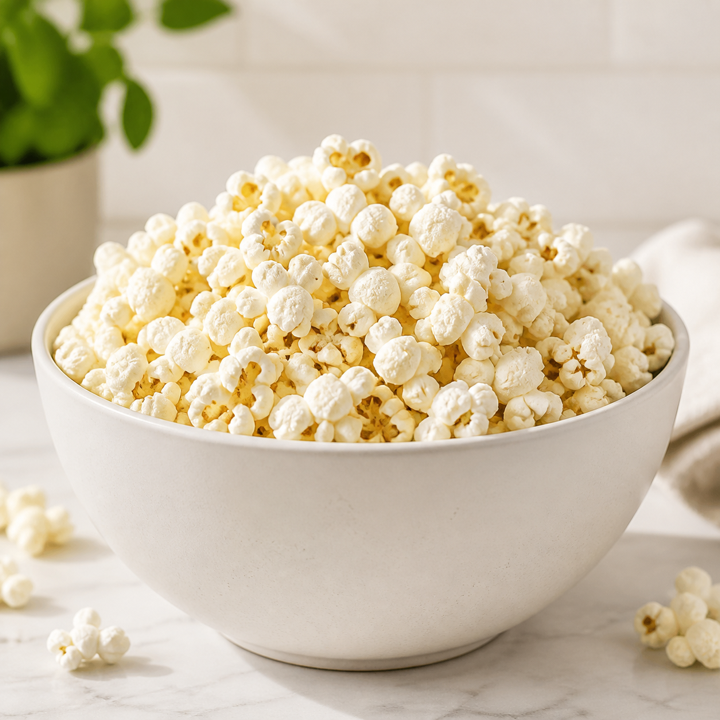 A bowl of homemade air-popped popcorn